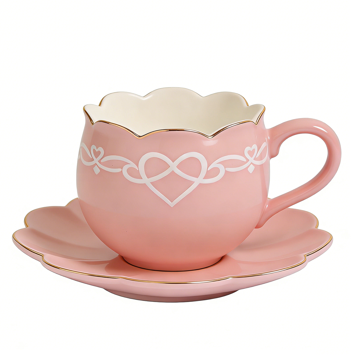 Pink Heart Scallop Ceramic Cup & Saucer