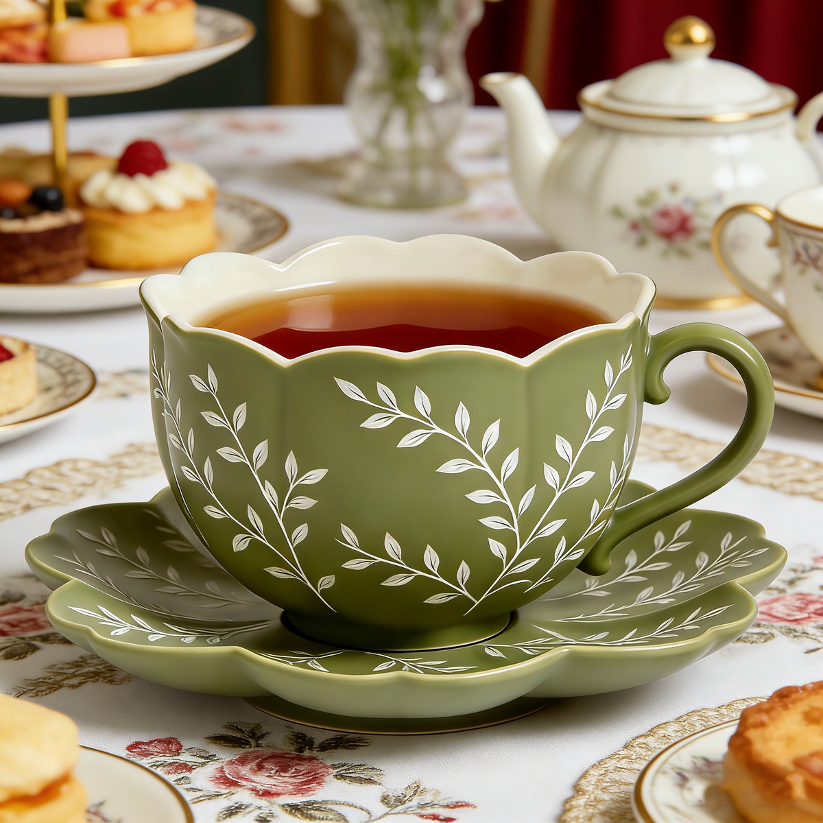 Green Leaf Scallop Ceramic Cup & Saucer