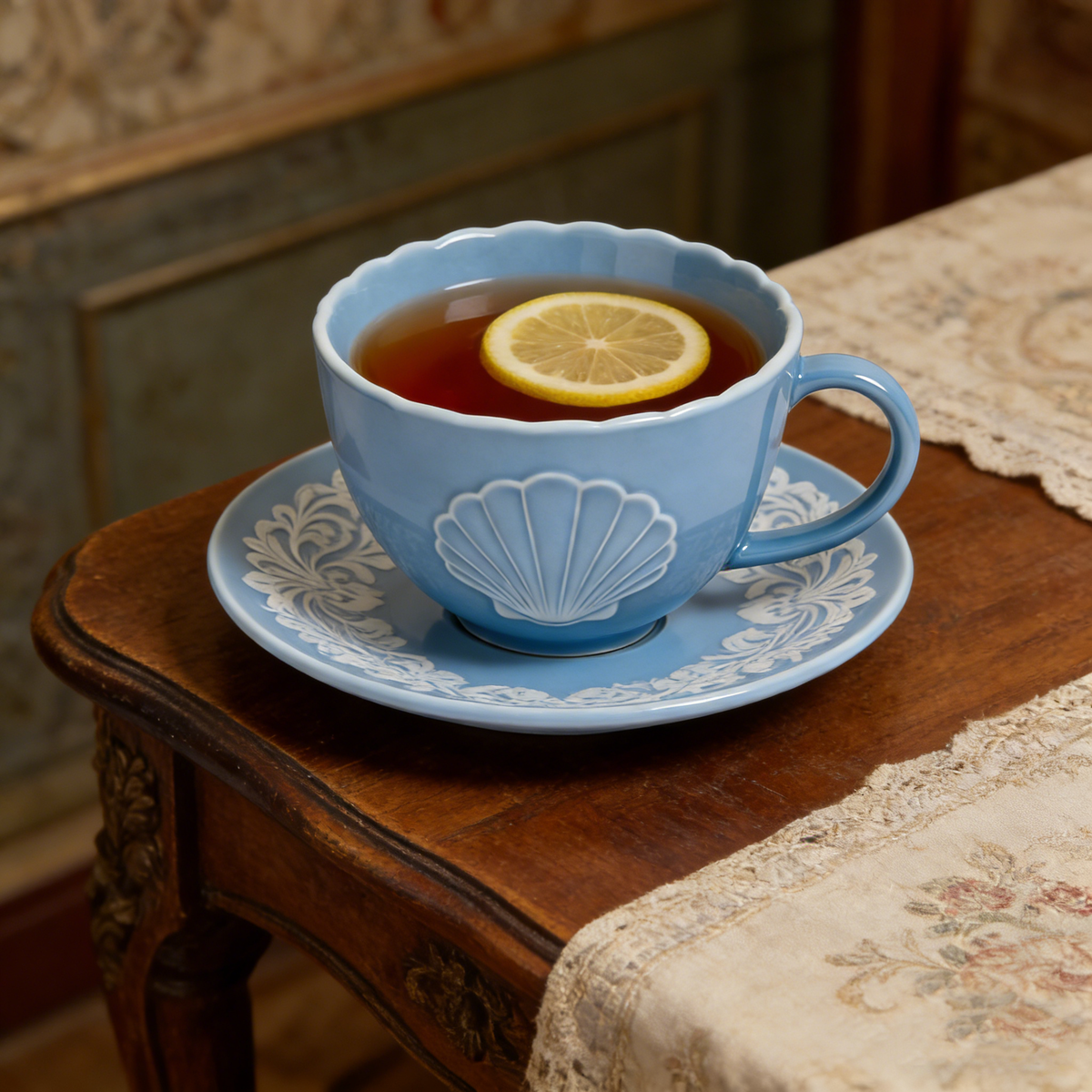 Light Blue Shell Ceramic Cup & Saucer