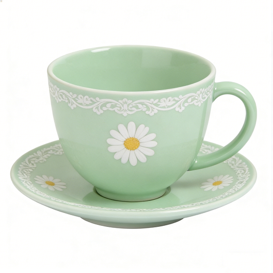 Mint Green Daisy Ceramic Cup & Saucer