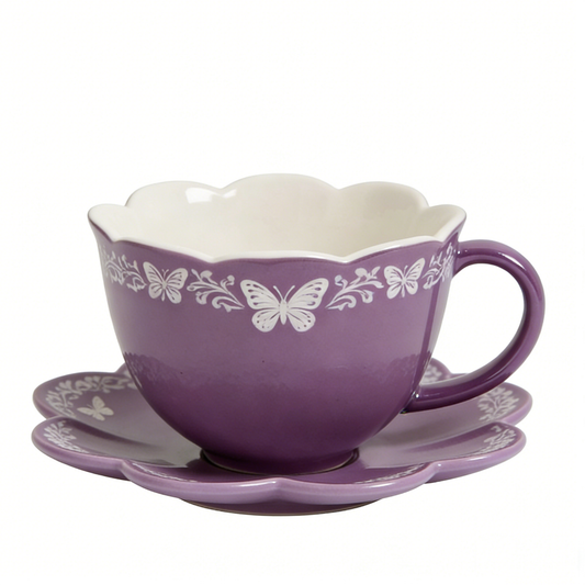 Purple Butterfly Scallop Ceramic Cup & Saucer