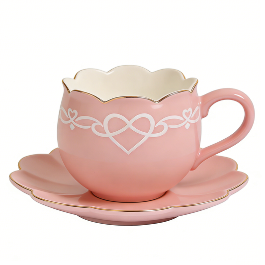 Pink Heart Scallop Ceramic Cup & Saucer