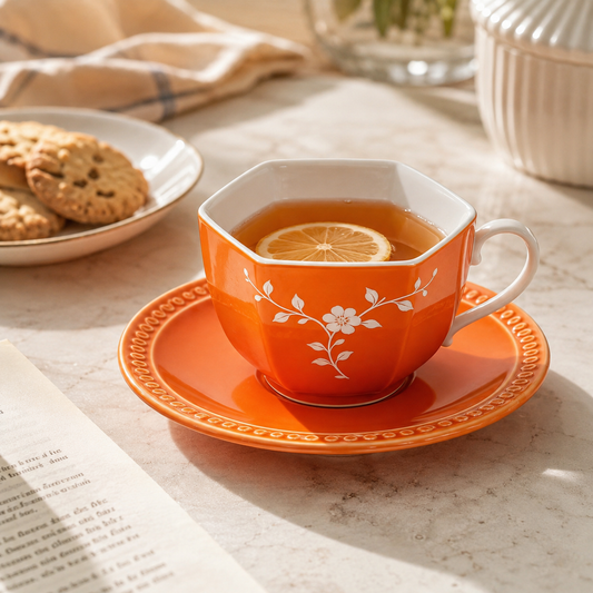 Orange Floral Hexagon Ceramic Cup & Saucer