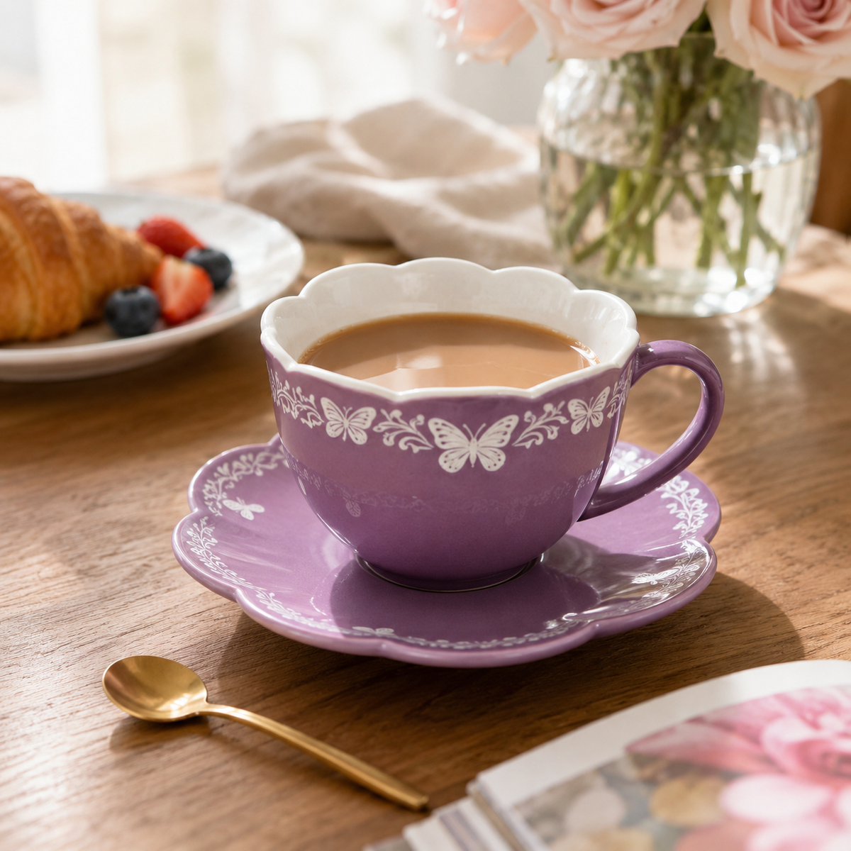 Purple Butterfly Scallop Ceramic Cup & Saucer