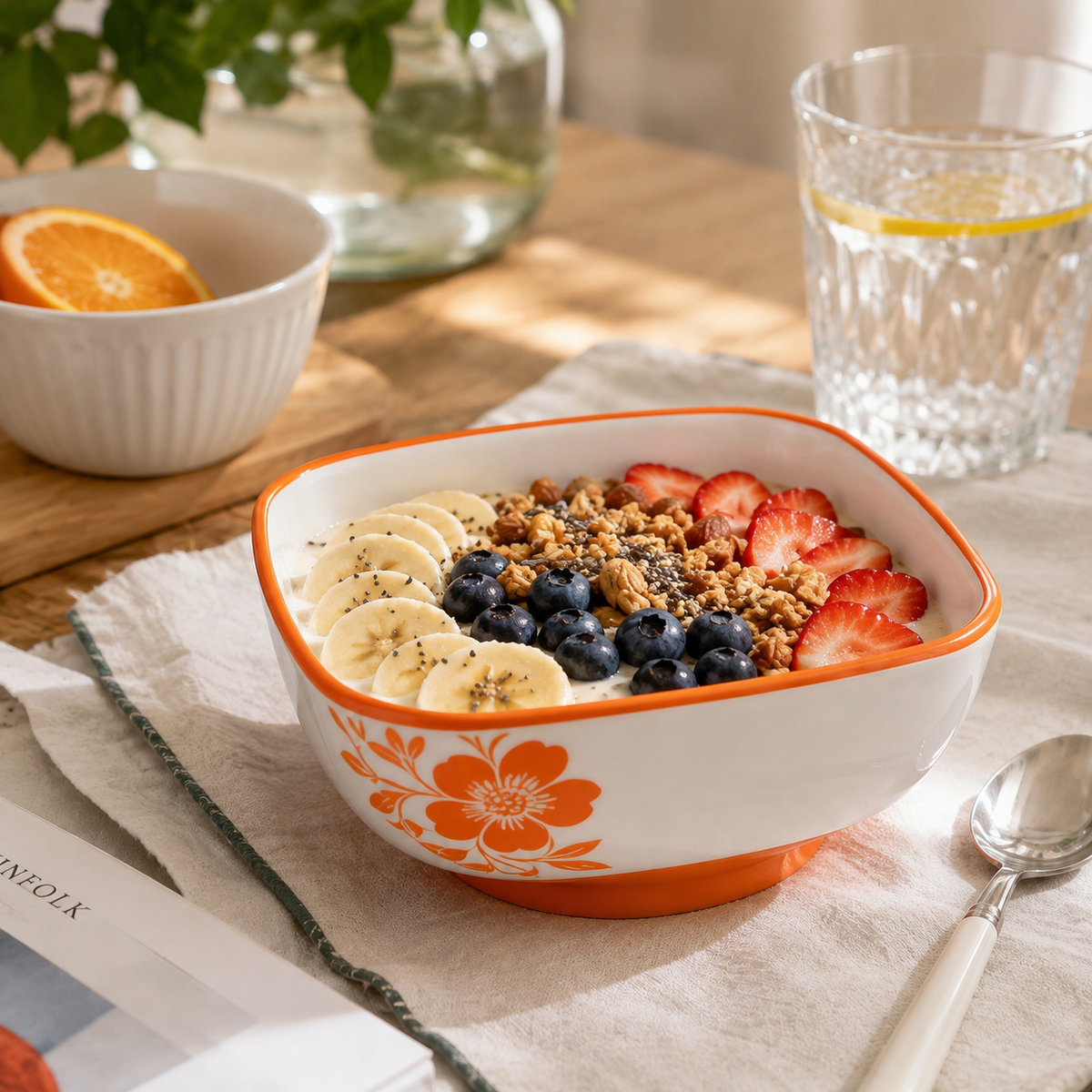 Orange Flower Square Ceramic Bowl